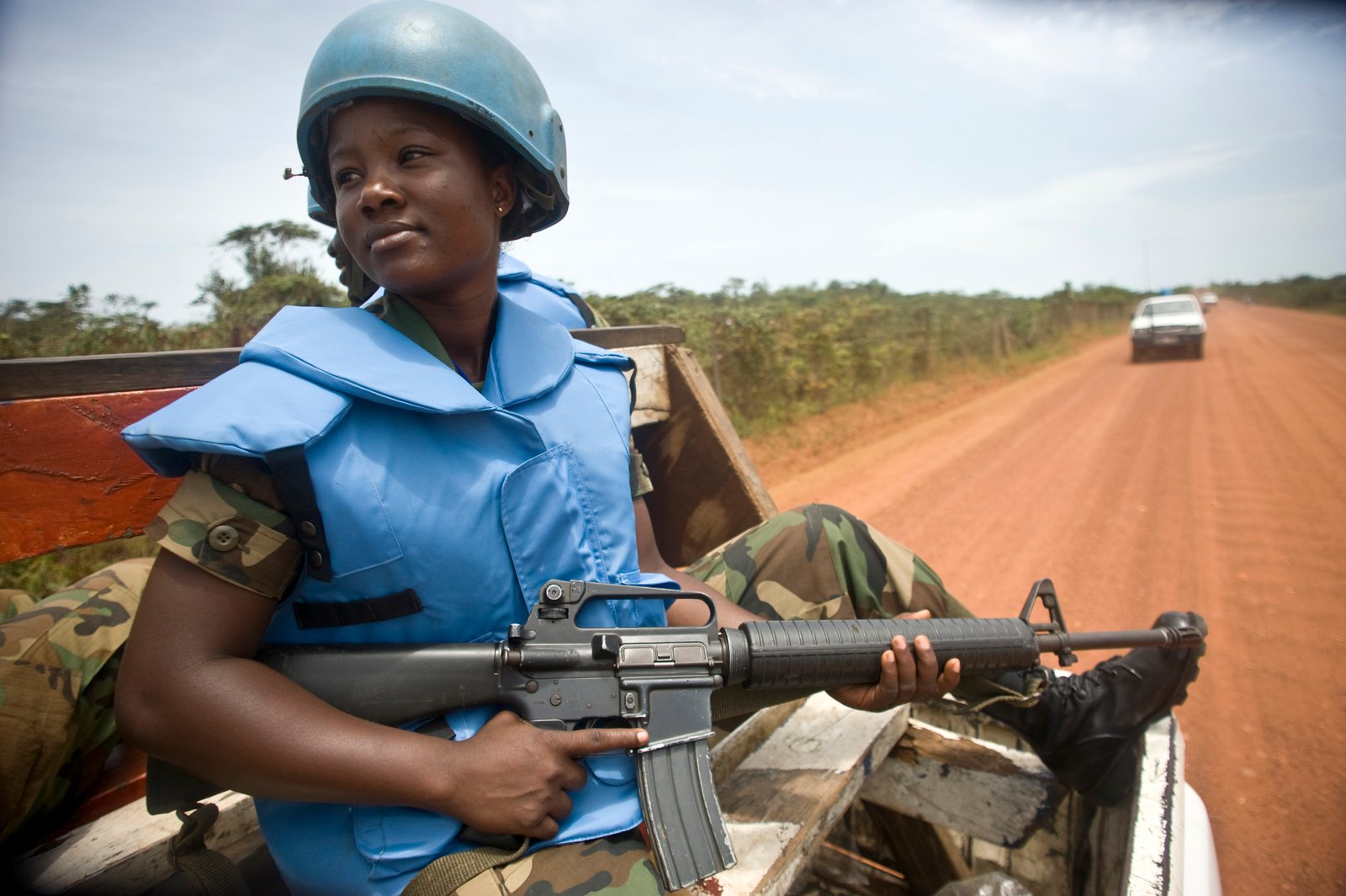 One of the 41 female members serving with Ghanbat 10 with UNMIL in Buchana on patrol about the Liberian Port City of Buchanan