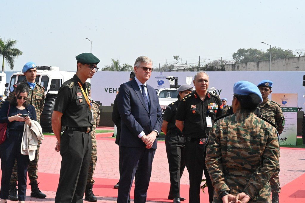 The Under-Secretary-General for Peace Operations (USG DPO, Jean-Pierre Lacroix takes a look at the 'Make in India' exhibition on the sidelines of the conference.